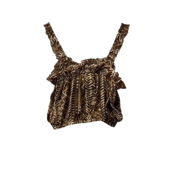 NWT Elan Brown Tulum Boho Abstract Printed Tank Top Ruffle Trim Size Medium - Picture 2 of 15